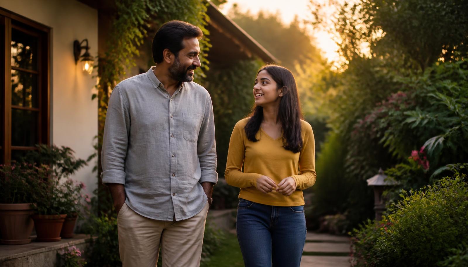 A father and his teenage daughter walking and talking in evening light