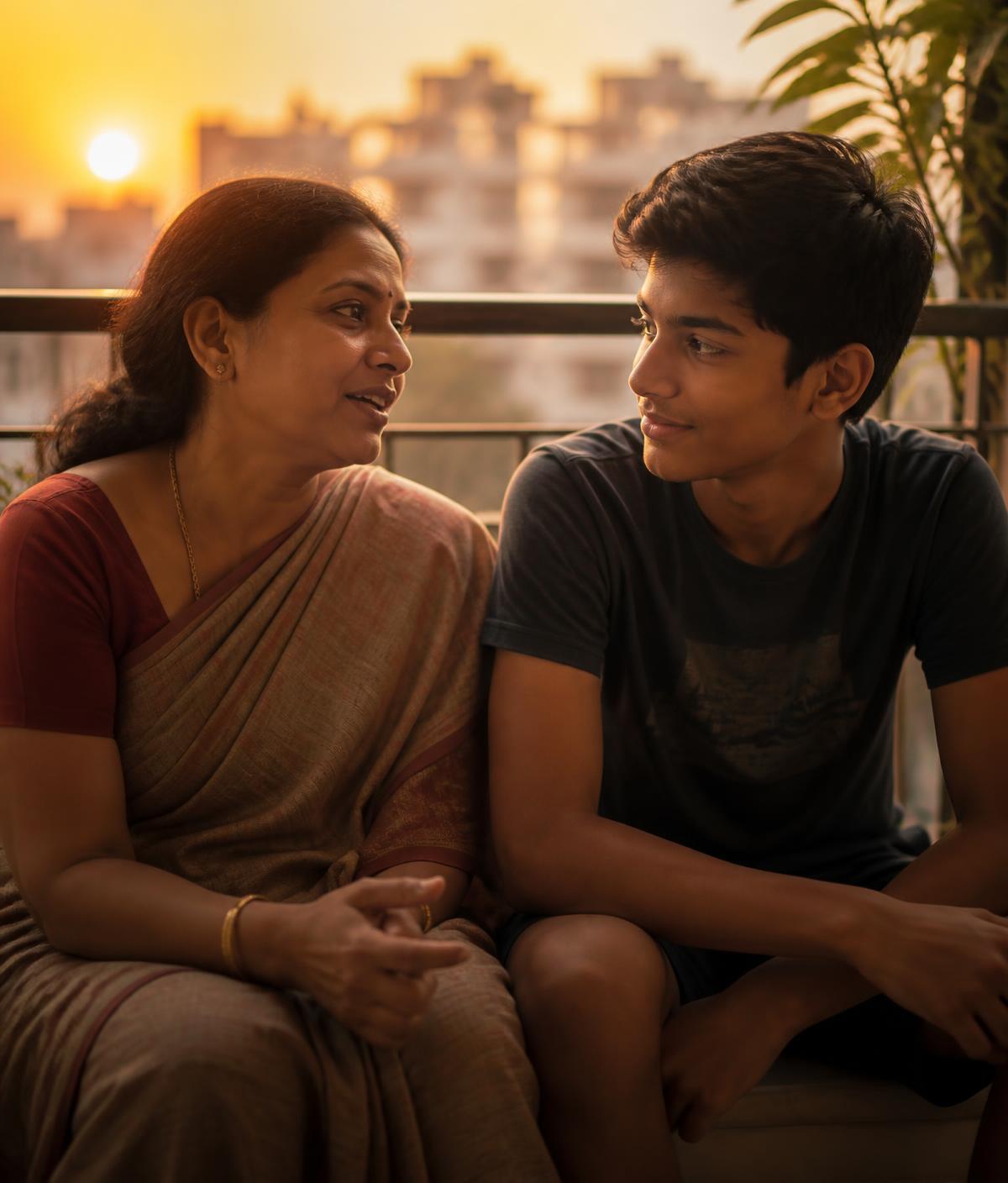 A mother and her teenage son in warm conversation at sunset
